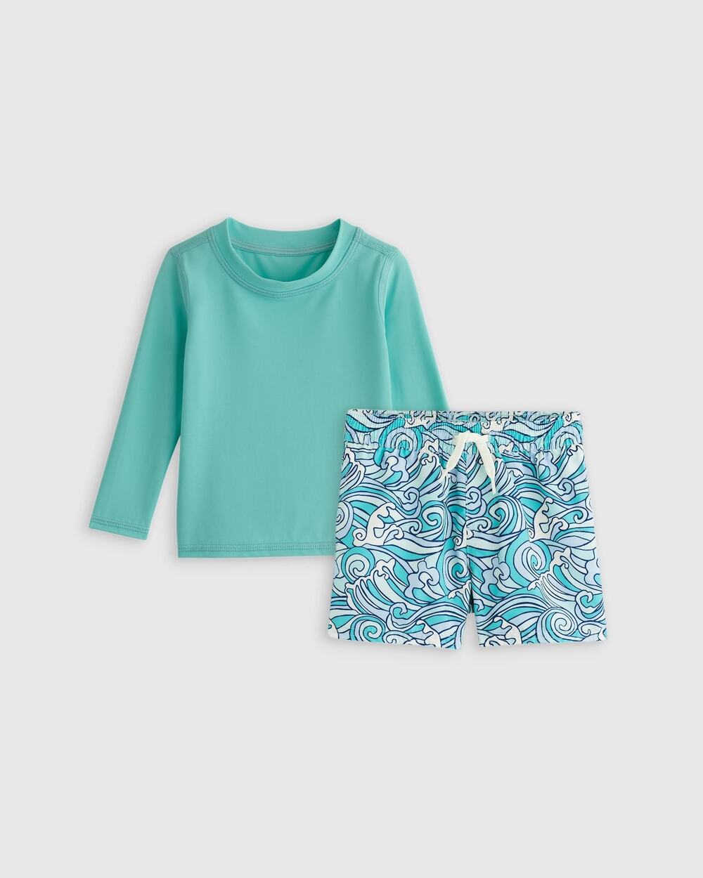NWT Quince Baby Swim Trunk & Rash Guard 3 PC Set UPF 50+ Swim Hat Waves 3-6m